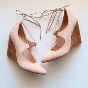 Charles David Beige Suede Almond Toe Ankle Tie Stacked Wedge Heels / Shoes 8